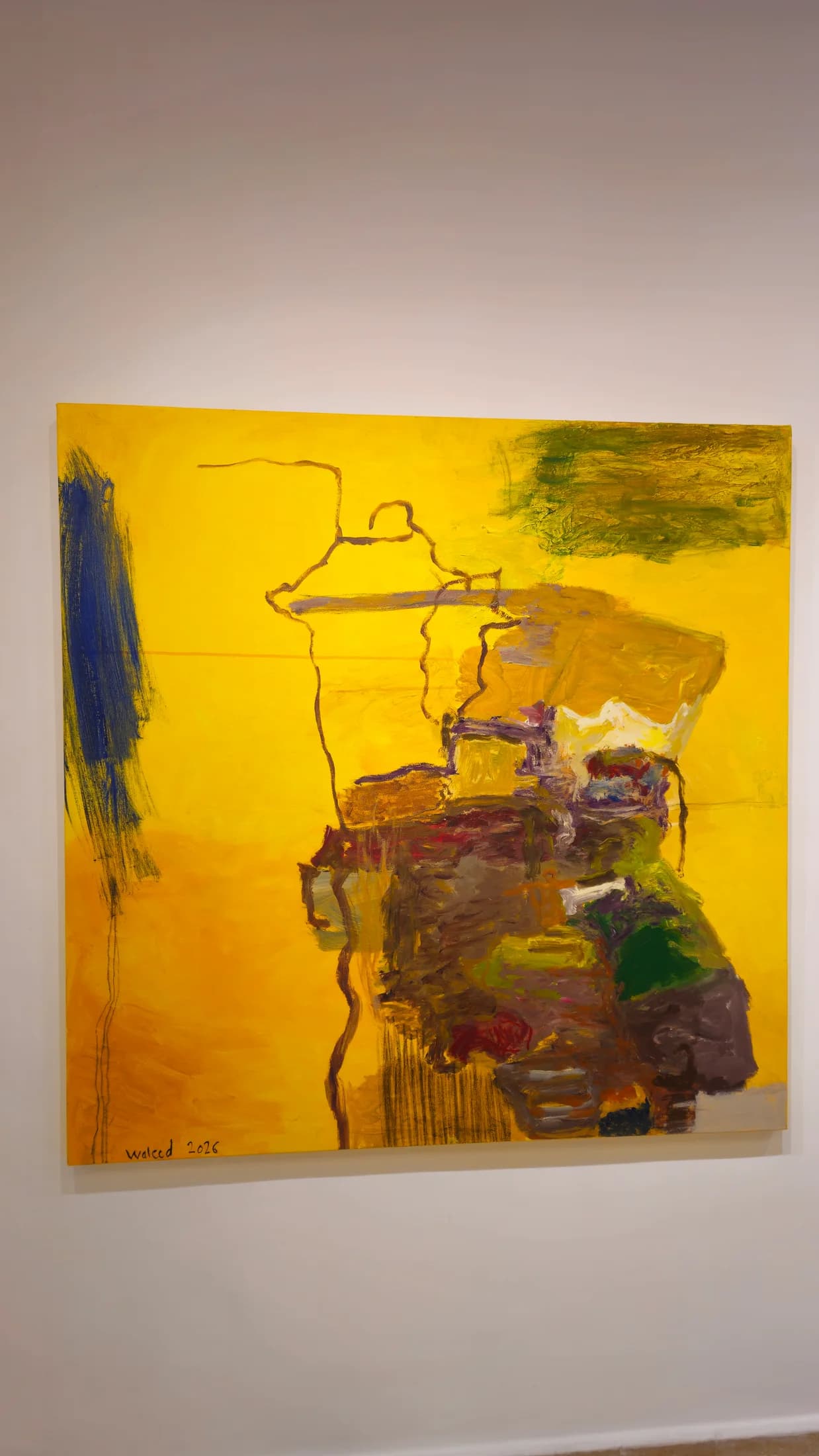 A single drawn contour wanders across a cadmium field; signed ‘Waleed 2026’.